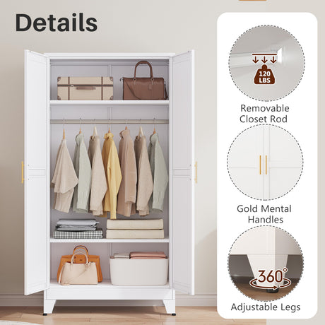 winiowa Metal Armoire Wardrobe Closet with 2 Mirror Doors, 71"' Wardrobe Cabinet with Adjustable Shelves and Hanging Rod, Clothing Storage Cabinet Closet with Mirror for Bedroom-White winiowa