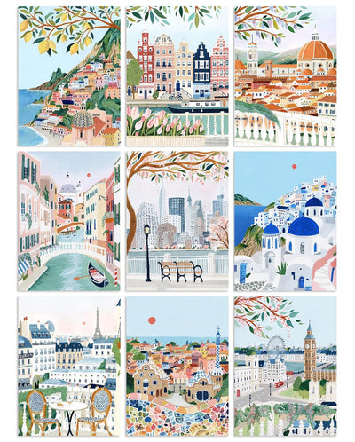 9 Packs Paint by Number for Adults, Scenery DIY Acrylic Oil Painting Paint by Numbers Kits on Canvas, Adults Paint by Numbers Kits Drawing Paintwork for Home Decor Gift Cityscape 12x16in