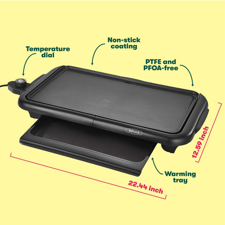 bella Electric Griddle with Warming Tray - Smokeless Indoor Grill, Nonstick Surface, Adjustable Temperature & Cool-touch Handles, 10" x 18", Copper/Black BELLA