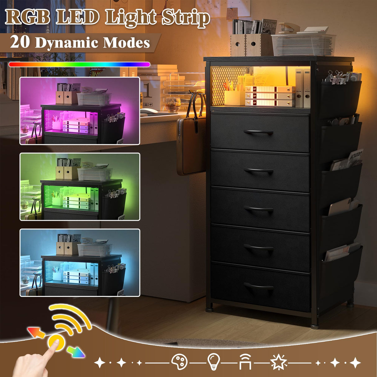 EnHomee Nightstand with Charging Station, Tall Night Stand with 5 Dresser Drawers, LED Nightstands with USB Ports & Outlets, Black Night Stand with Side Bag, Night Stands with Storage Shelf, Bedroom EnHomee