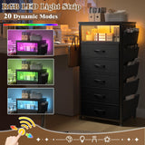 EnHomee Nightstand with Charging Station, Tall Night Stand with 5 Dresser Drawers, LED Nightstands with USB Ports & Outlets, Black Night Stand with Side Bag, Night Stands with Storage Shelf, Bedroom EnHomee