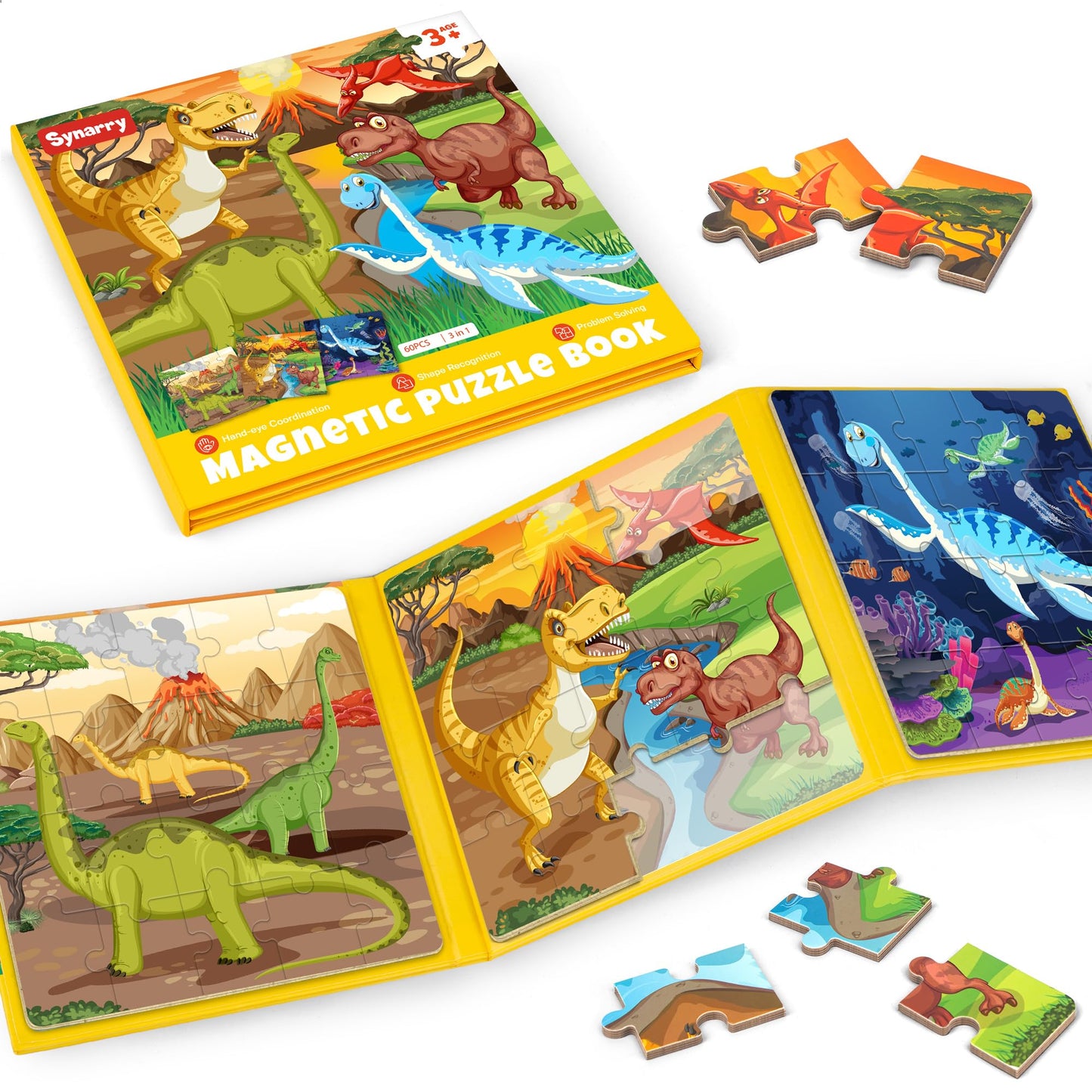 SYNARRY Magnetic Dinosaur Puzzles for Kids Ages 3-5, 20 Pieces Puzzles for Toddlers 2-4, Children Travel Activity Toys Games Gifts for Kids Boys Girls Ages 3 4 5 in Car Airplane Magnet for Road Trip