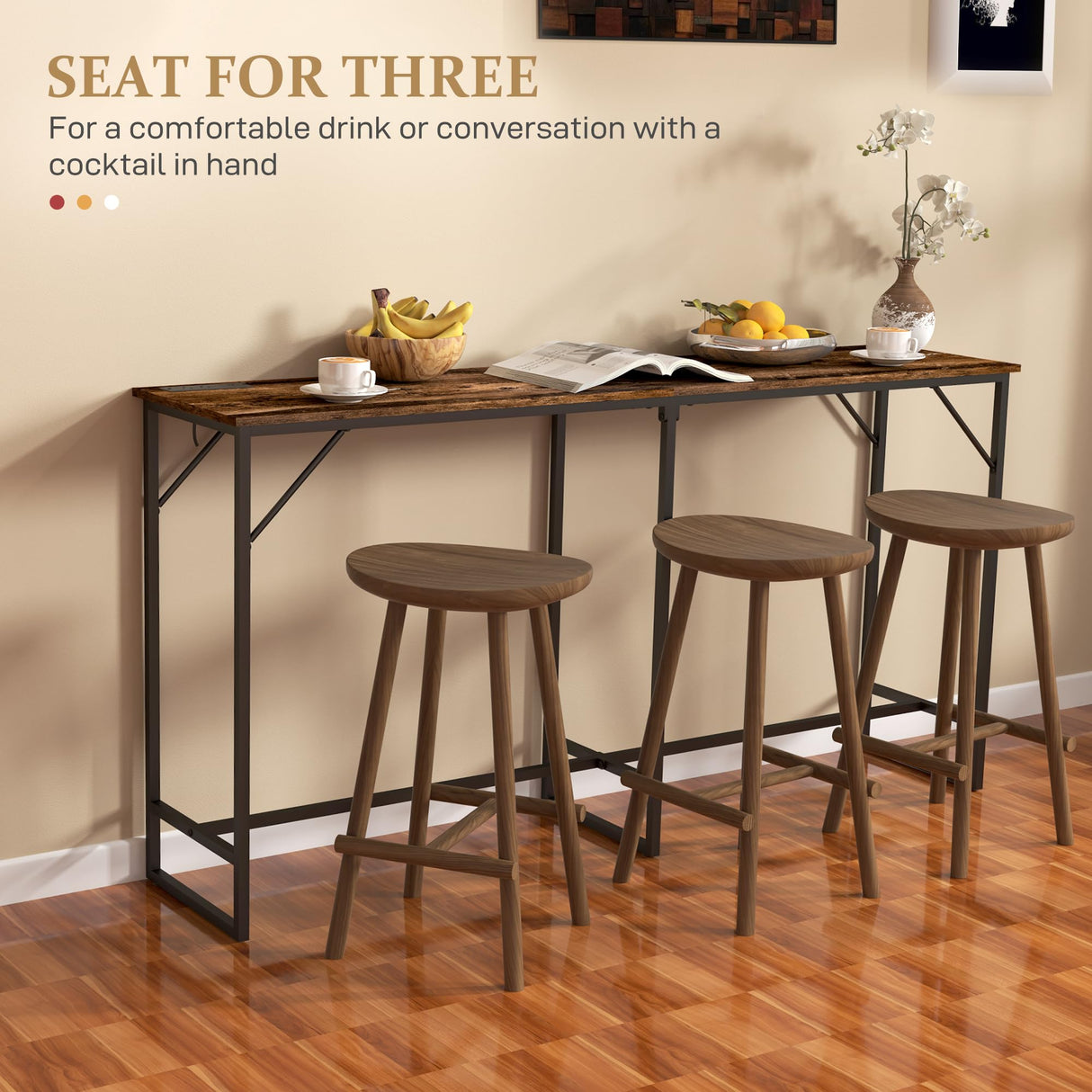 HOMCOM 70" Long Counter Height Table with Charging Station, Industrial Style Rectangular Bar Table with Steel Frame for Dining Room, Kitchen, Rustic Brown HOMCOM