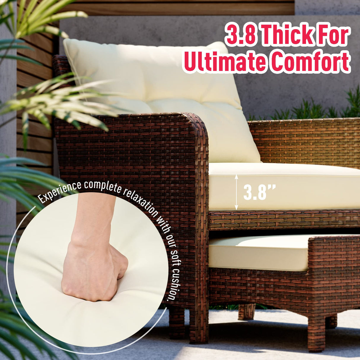 Pamapic 5 Pieces Outdoor Patio Wicker Chairs Set with Ottoman, Outside Conversation Furniture Set with Cushions and Coffee Table for Balcony Porch Lawn Garden (Cream Cushion+ Umber Rattan) Pamapic