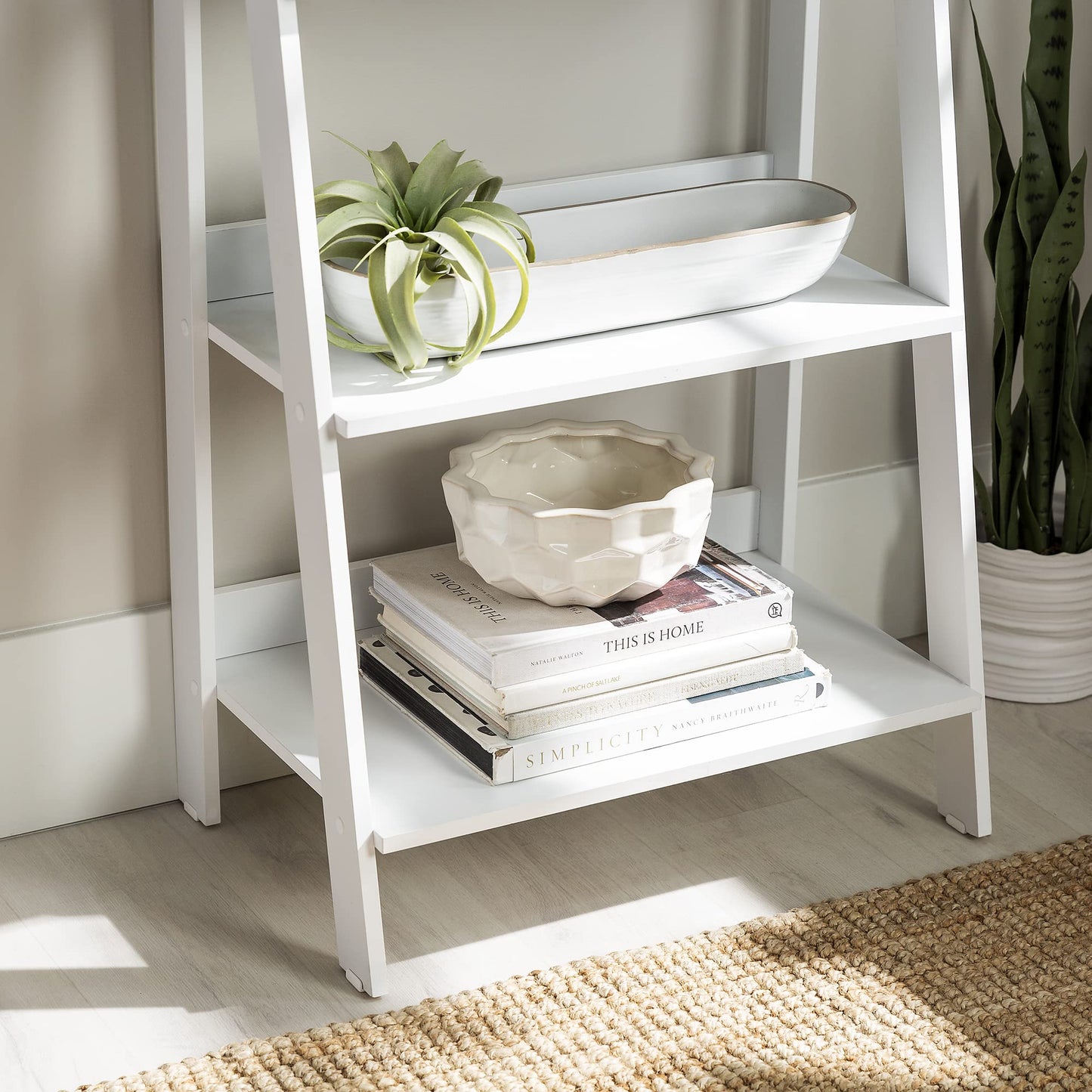 Sophisticated White 4-Shelf Ladder Bookcase by Walker Edison - WoodArtSupply