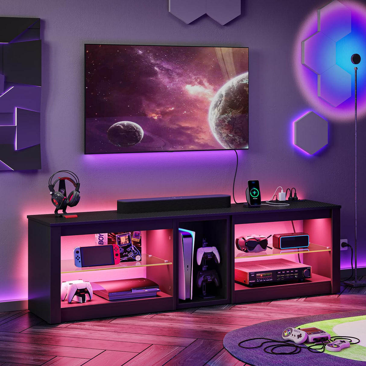 Bestier TV Stand for 70 inch TV with Power Outlets, LED Entertainment Center for PS5, Gaming TV Consoles with Glass Shelves for Living Room, 63'' Inch, Black Carbon Fiber Bestier