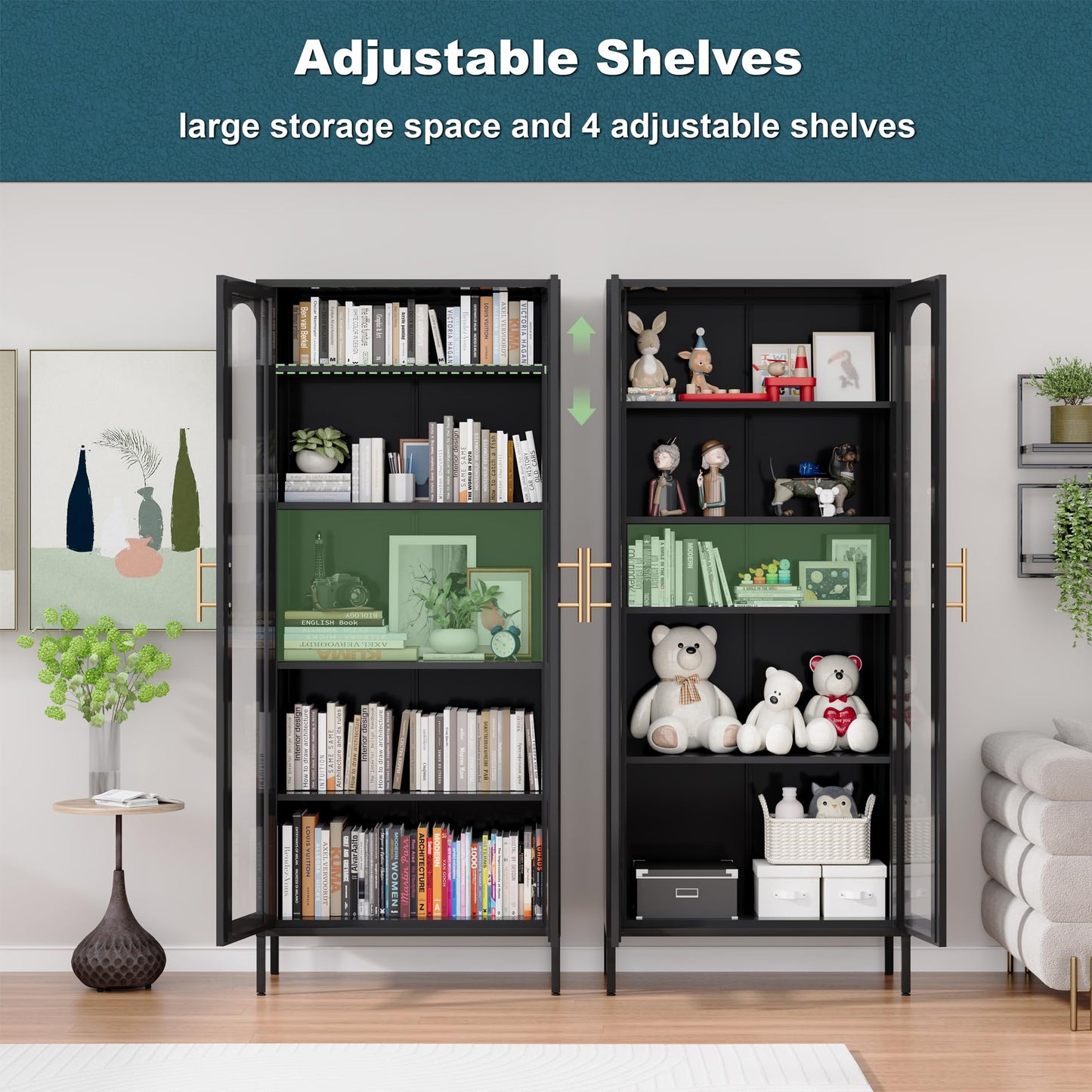 ZONLESON 71" Tall Glass Display Cabinet,Curio Display Cabinet with 4 Adjustable Shelves,Metal Storage Cabinet with Glass Doors,Black Bookcase with Doors,Display Case for Home, School, Office,Kitchen