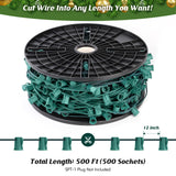 Brightever Commercial 500 FT C9 Christmas LED Lights String Outdoor, E17 Christmas Light Sockets Set Spool, C9 Sockets Patio String Lights C9 Strands - 12 Spacing Intermediate Base Green Wire Brightever