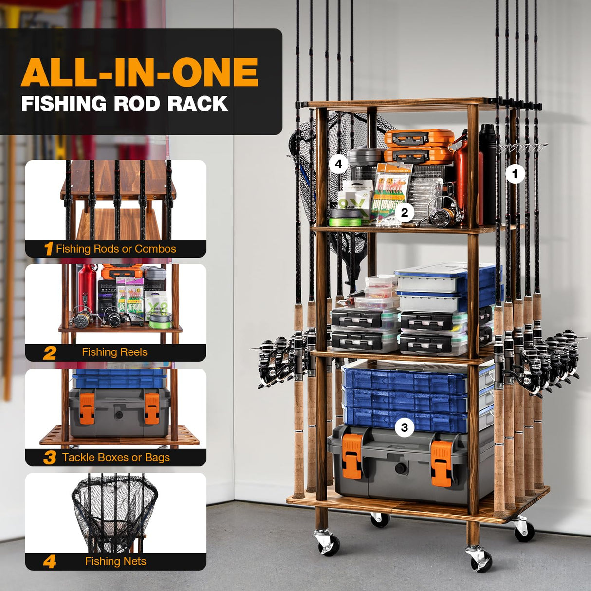 Ghosthorn Fishing Rod Holders for Garage Fishing Pole Rack Hold up to 10 Rods Fishing Pole Holders Wooden Organizer Fishing Rod Rack car Fishing Gear Storage Equipment (4 Tier) Ghosthorn