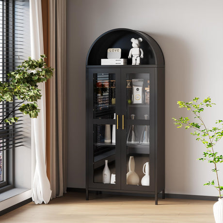 VEXPOR 73 in Tall Metal Arched Cabinet, Kitchen Pantry Cabinet with Glass Door, Modern Farmhouse Arched Bookcase with 2 Adjustable Shelves for Dining Room and Living Room, Black, Assembly Required VEXPOR