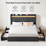 koorlian Queen Size Upholstered Bed Frame with 4 Storage Drawers and 51'' Tall Headboard Wingback Platform Bed Frames with RGB LED & USB Charging, 3 Adjustable Height, Noise-Free/Metal Support, Grey koorlian