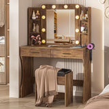 Befrases Vanity Desk with Mirror, LED Lights and Power Outlet, Makeup Vanity with 2 Large Drawers,3 Lighting Modes & Adjustable Brightness, Dressing Desk with Cushioned Stool, Rustic Brown. Befrases