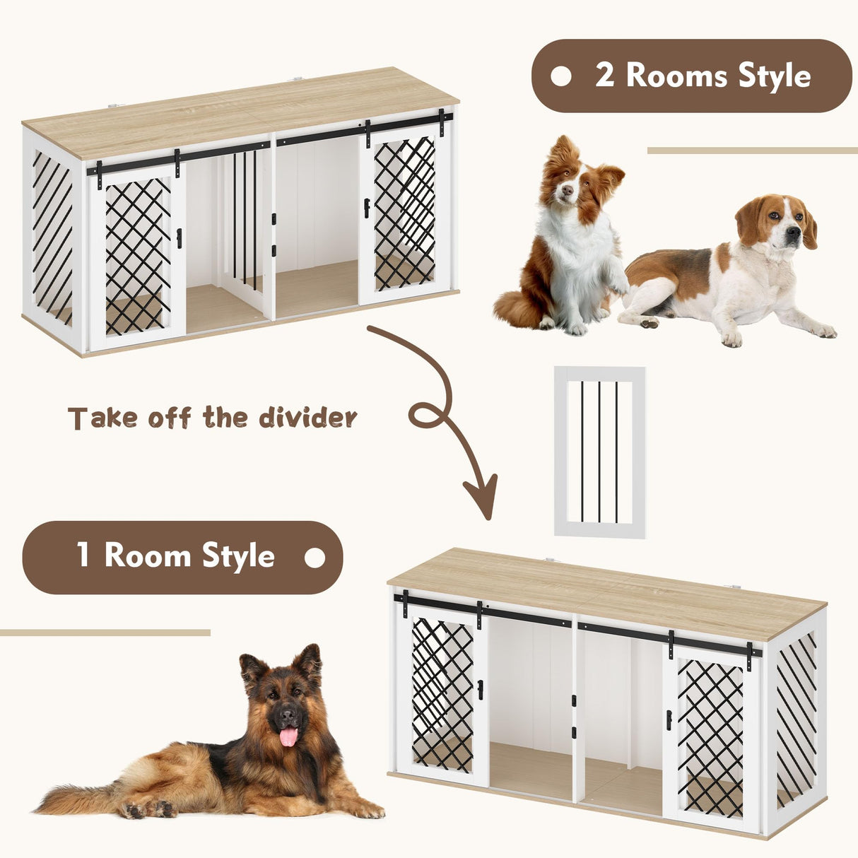 DAWNSPACES Furniture Dog Crate,71" Heavy Duty Wooden Dog Cage Kennel with a Removable Divider & Sliding Doors,Indoor Furniture Style Dog Crate Table,Dog House for Large Medium Small Dogs,White DAWNSPACES
