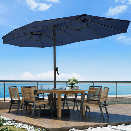 OLILAWN 15ft Large Patio Umbrella with Base Included, Outdoor Double-Sided Rectangle Market Umbrella Table Umbrella with Aluminium Crank, 12 Sturdy Ribs, for Pool Deck Porch Backyard Garden,Navy Blue OLILAWN