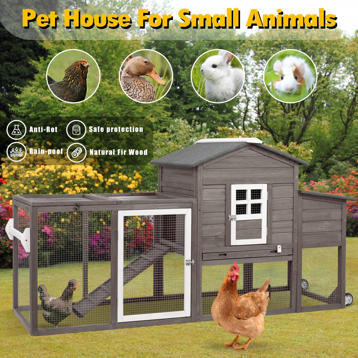 Ketive Wooden 79" Chicken Coop with Wheels Asphalt Roof Nest Boxes Pull-Out Trays - All Solid Wood and Galvanized Wire Mesh Chicken House Against Snakes, Weasels ketive