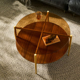 Saint Mossi Glass Round Coffee Table for Living Room, Middle-Century Modern Style, Coffee Brown Glass Top & Walnut Brown MDF Wood Top, with Gold Finish Legs & Frame SM Saint Mossi
