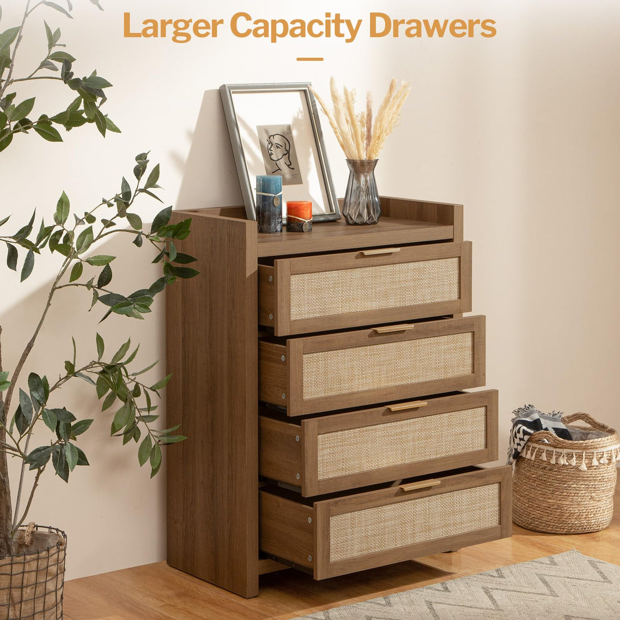 SICOTAS Dresser for Bedroom Chest of Drawers Tall Dresser with 4 Rattan Drawers Wood Dresser for Closet Boho Clothes Storage Tower Large Nightstand Sets for Living Room Hallway Nursery Entryway SICOTAS