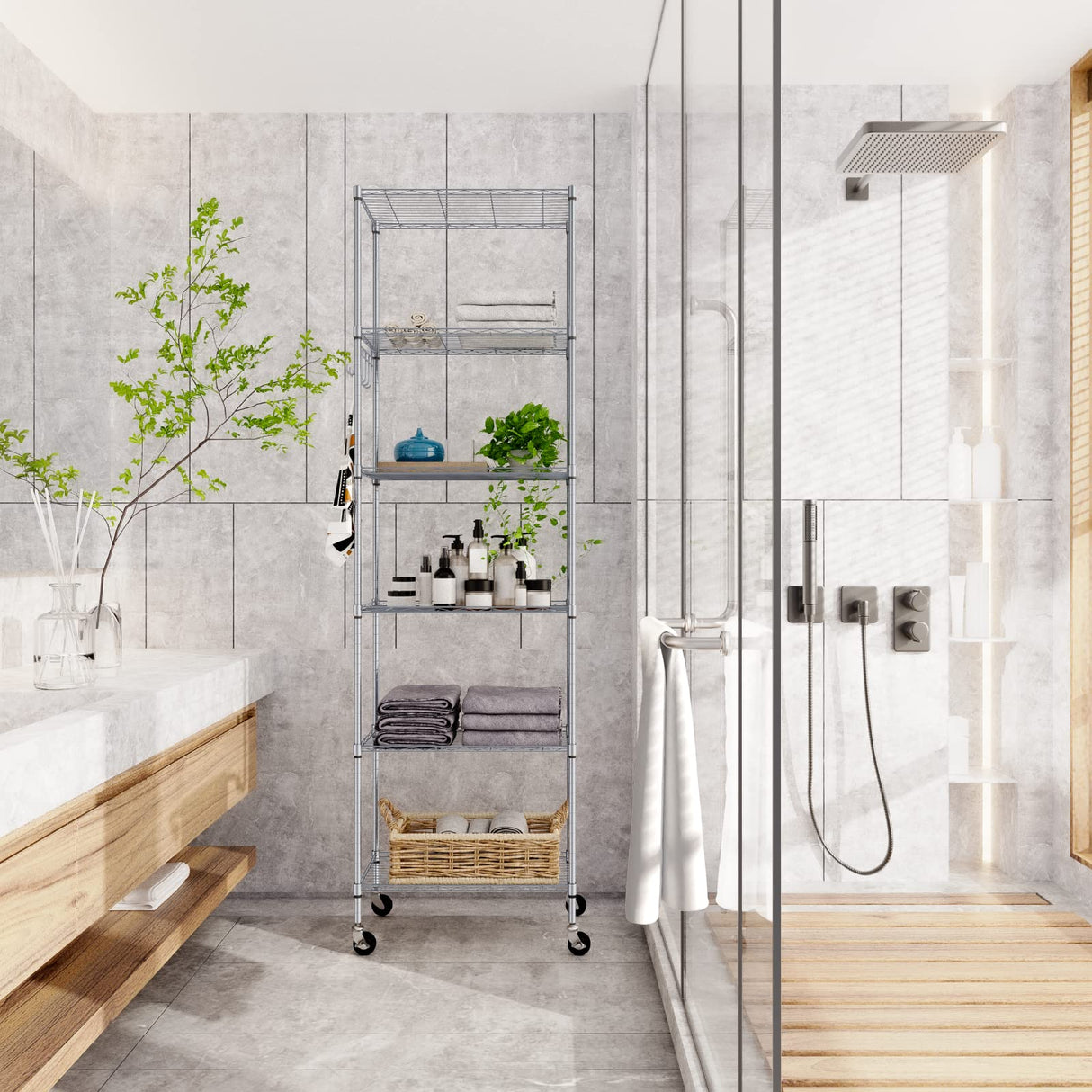 Homdox 6-Tier Storage Shelf Wire Shelving Unit Free Standing Rack Organization with Caster Wheels, Stainless Side Hooks, Silver Gray Homdox