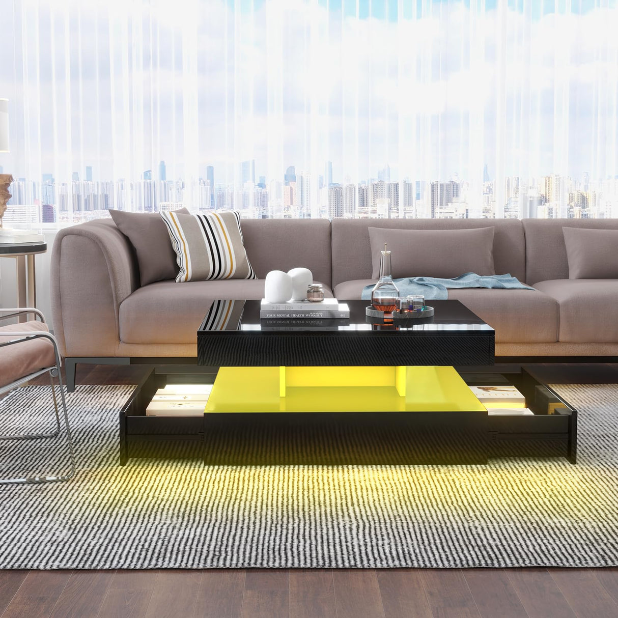 FKWin LED Coffee Table for Living Room with Storage - High Glossy Modern White Center Table with 2 Drawers, Square Wooden Middle Table with 16-Color Lights 31"" x 31"" x 14.6"" (Black) FKWin