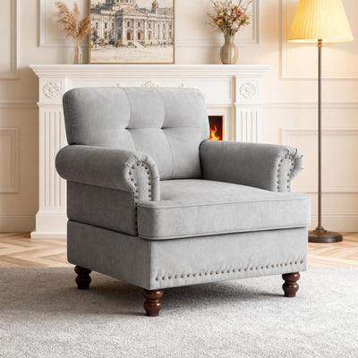 86 Inch 3-Seater Tufted Sofa, Mid-Century Chenille Fabric, Rolled Arms with Rivets & Solid Wood Legs, Comfy Apartment Living Room Furniture, Light Grey