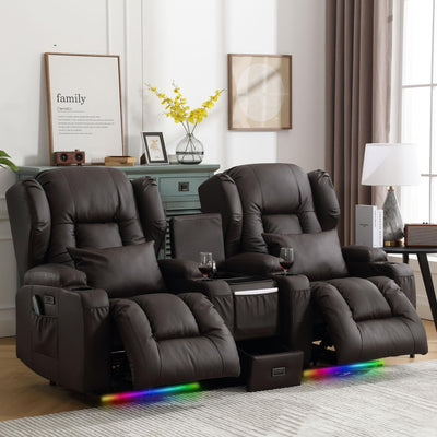 DRMBOOK Power Recliner Chair Set of 2, Faux Leather Wall Hugger Reclining Sofa, Double Electric Home Movie Sofa with Massage & Heat, 2 Person Recliner Set with LED Light for Living Room RV, Brown