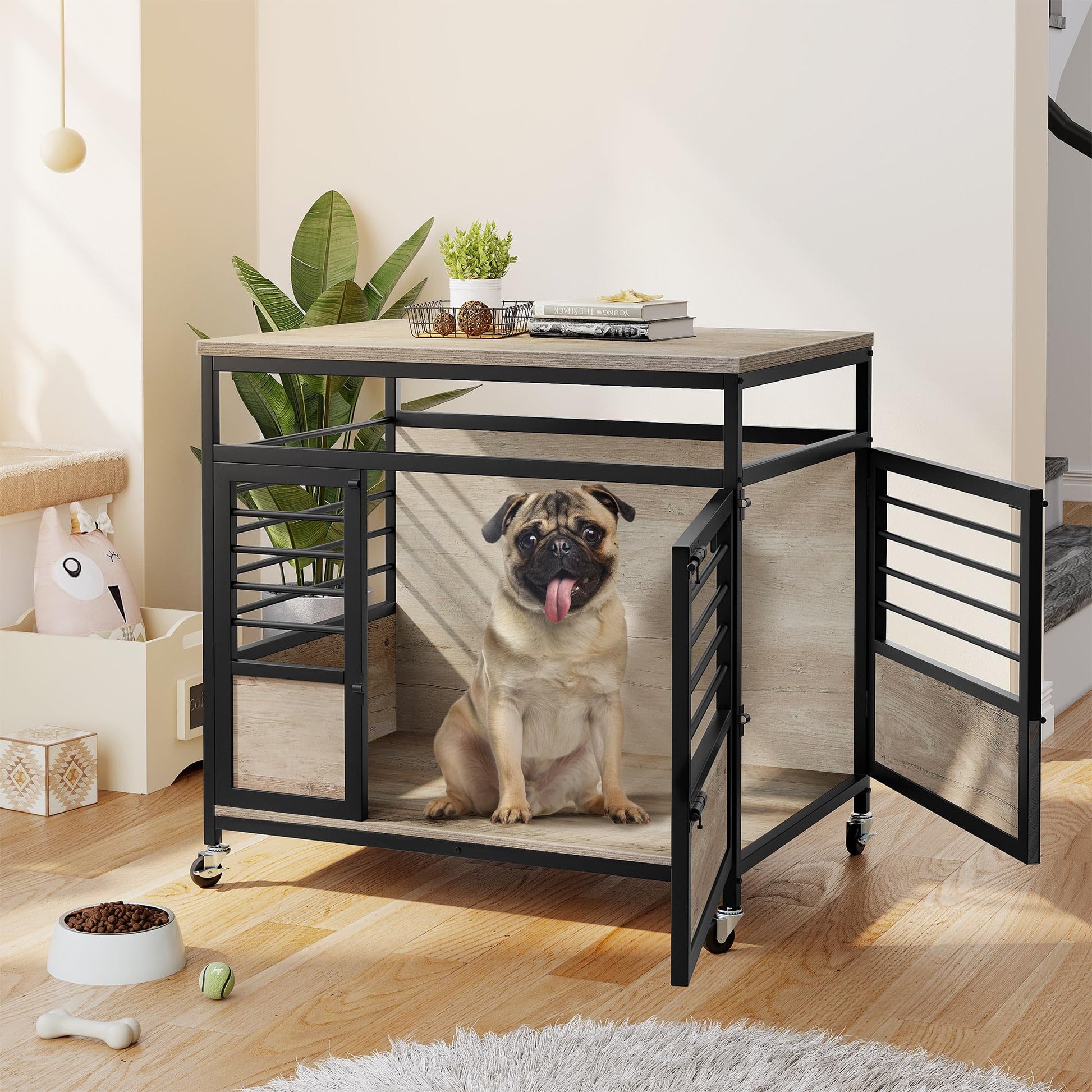 DWVO Dog Crate Furniture, 32 Inch Dog Kennel Indoor Furniture End Table Dog Crate for Dogs, Modern Decorative Dog Crate Wooden Dog Crate Furniture with Wheels, Chew-Resistant, Grey - WoodArtSupply