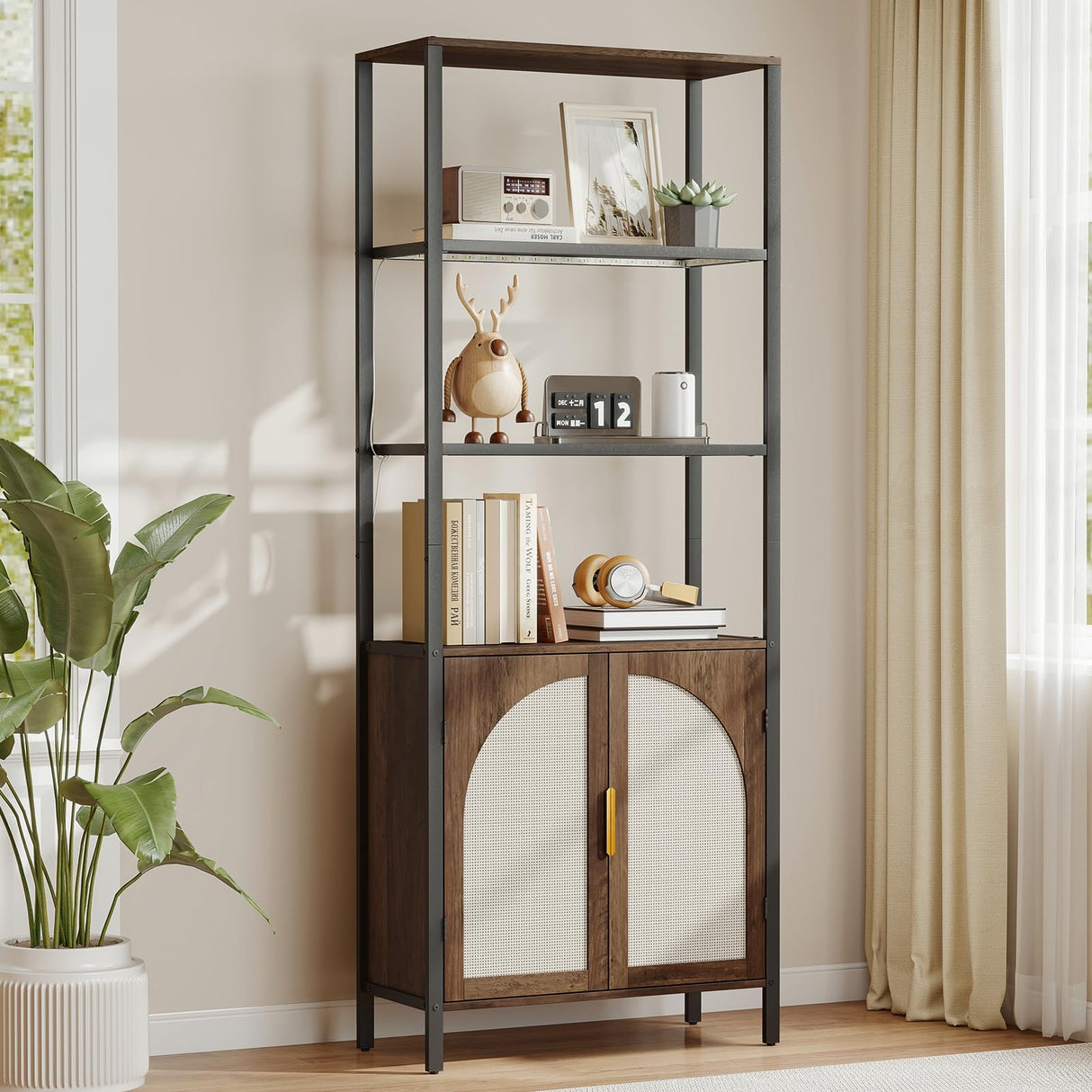 Turosur Bookshelf with Rattan Doors & LED Lights, 71" Tall Bookcase with Storage & Adjustable Shelf, Boho Display Standing Shelf Unit for Bedroom, Living Room and Home Office Turosur
