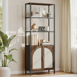 Turosur Bookshelf with Rattan Doors & LED Lights, 71" Tall Bookcase with Storage & Adjustable Shelf, Boho Display Standing Shelf Unit for Bedroom, Living Room and Home Office Turosur