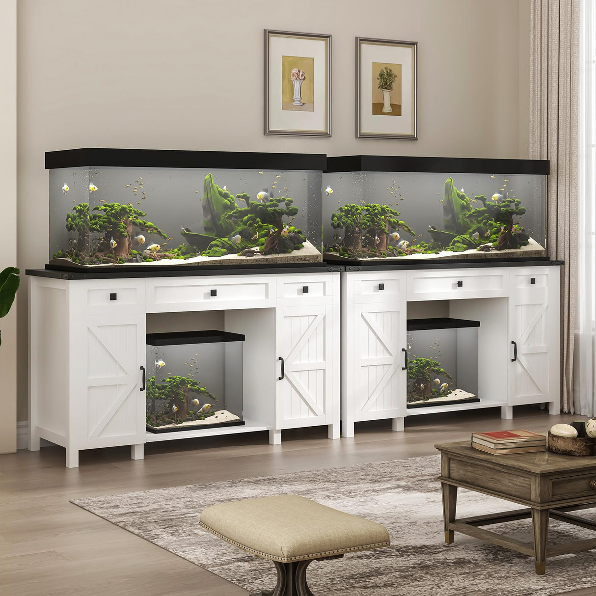 Saudism 55-75 Gallon Aquarium Stand With Charging Station, Farmhouse Fish Tank Stand, Reptile Tank Stand Terrarium Stand with Drawer and Cabinet Storage, Sturdy Heavy Duty 53.5"×19.7" Tabletop - White Saudism