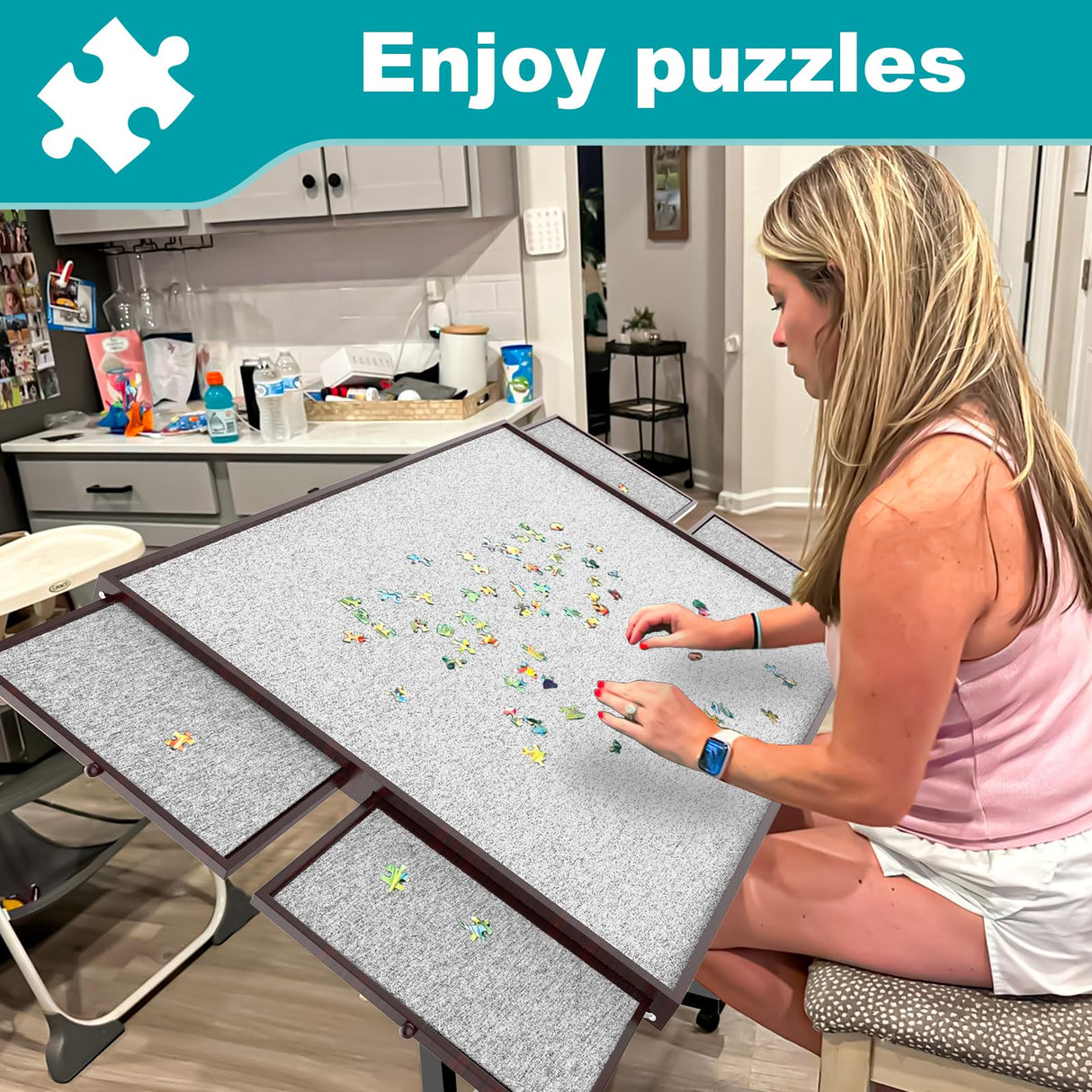 Jigsaw Puzzle Table 1500 Pieces,Adjustable Height&Up Puzzle Board with Cover and 4 Drawers,34×26in Puzzle Tables for Adults,Puzzle Board with Cover with Legs for Puzzle Doer(Coffee Color) RAGOZONERY