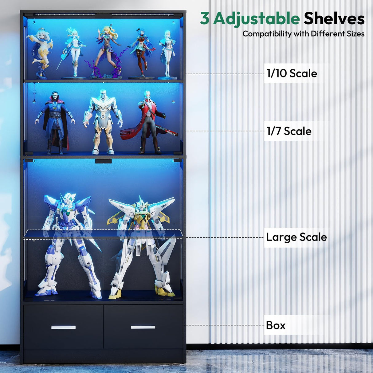 Lamtor Glass Display Cabinet with Doors - Curio Cabinet with Dynamic LED Lights for Collectibles, 67" Display Case with 4 Tier and Drawers for Figure, Toys, Books, Black Lamtor