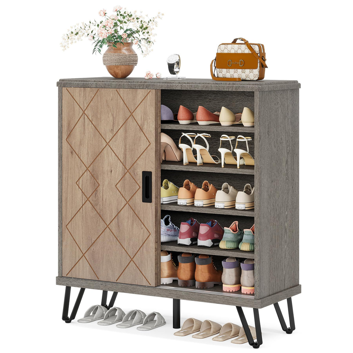 Tribesigns Shoe Cabinet with Sliding Doors, 5-Tier Wood Shoe Organizer Cabinet with Adjustable Shelves, Modern Shoe Rack Shoe Storage Cabinet for Entryway, Hallway, Living Room, Grey+Brown Tribesigns