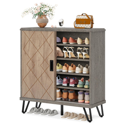 Tribesigns Shoe Cabinet with Sliding Doors, 5-Tier Wood Shoe Organizer Cabinet with Adjustable Shelves, Modern Shoe Rack Shoe Storage Cabinet for Entryway, Hallway, Living Room, Grey+Brown - WoodArtSupply