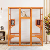 COZIWOW Large Wooden Cat Cage with Perche and Condo, Play Run Enclosure Indoor Kitty Window Kennel with Waterproof Roof, 7 Platforms & 2 Resting Box, 62.4" L x 32.4" W x 70" H, Deep Orange COZIWOW