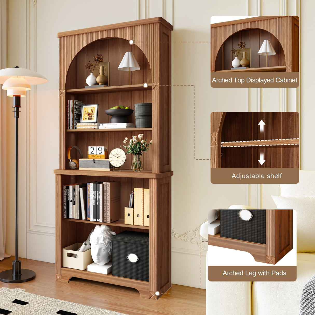 FurSch 71” Tall Arched Bookshelf,Wooden 5 Tier Fluted Book Shelves with Adjustable Shelf,Arched Bookcase Bookshelf for Living Room Home Office FurSch