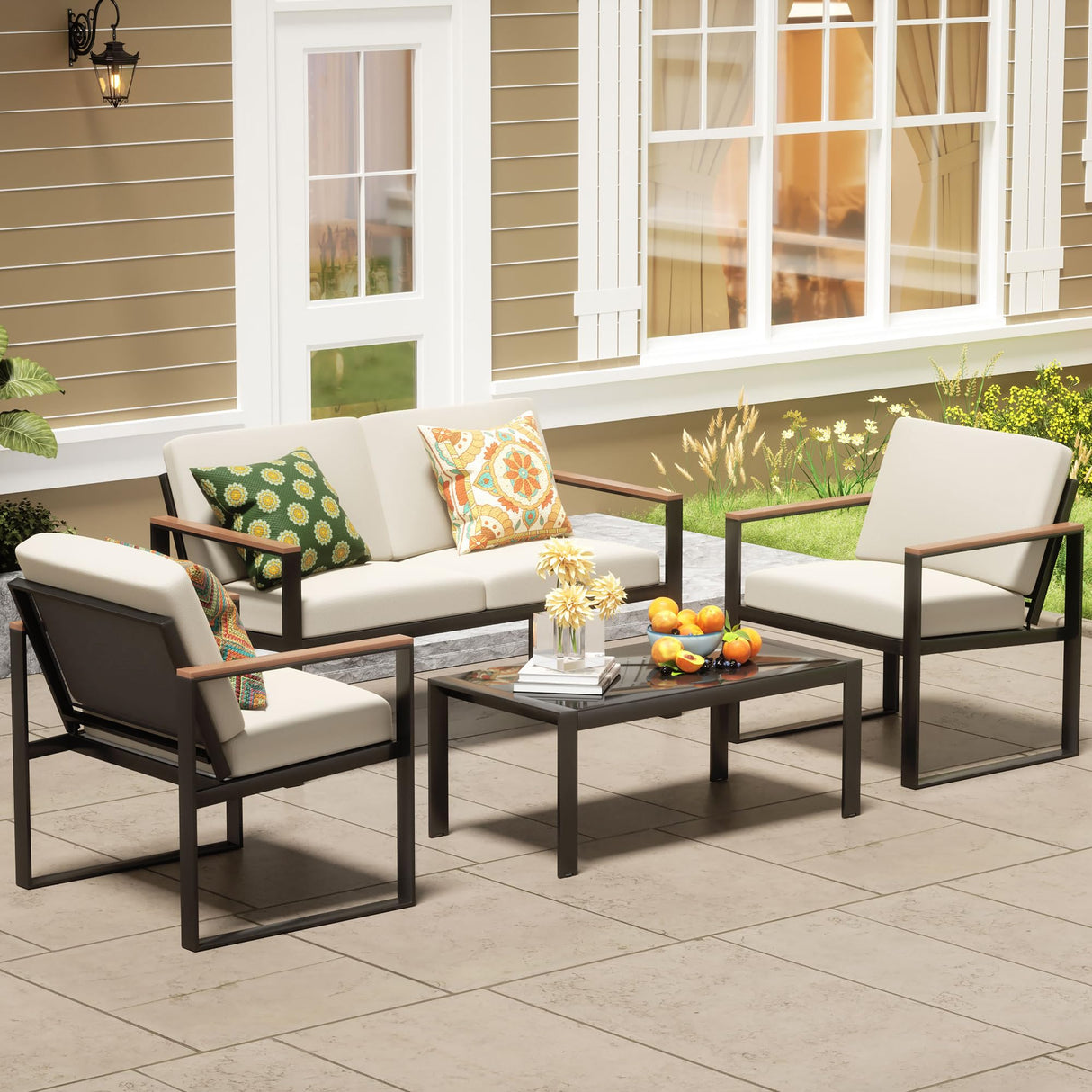 NATURAL EXPRESSIONS 4 Pieces Patio Furniture Sets,Metal Outdoor Patio Furniture Sets,Outdoor Sectional Furniture Patio Conversation Set,Wooden Anti-Scald Armrest,Sling Mesh,4" Olefin Cushions NATURAL EXPRESSIONS