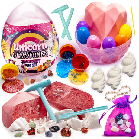 GirlZone Unicorn Gemstones Discovery Dig Kit, 13 Gemstone Dig with Slime and Precious Gems, Gift-Ready DIY Bracelet Kit, STEM Craft for Kids Age 12-14, Perfect for Valentine Gifts GirlZone