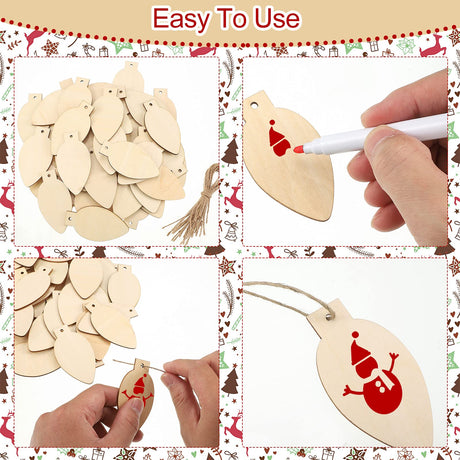 50 Pcs Christmas Unfinished Wooden Light Bulb Wooden Slices Blank Christmas Wooden Hanging Decorations with Rope Unfinished Predrilled Wooden Discs for Christmas Crafts DIY Decoration (Wood Color) Queekay