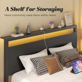 Fluest Queen Bed Frame with Headboard & Footboard, Bed Frame with Built-in Charging Station & LED Light, Storage Shelf, Noise-Free, No Box Spring Needed, Easy Assembly, Classic Black Fluest