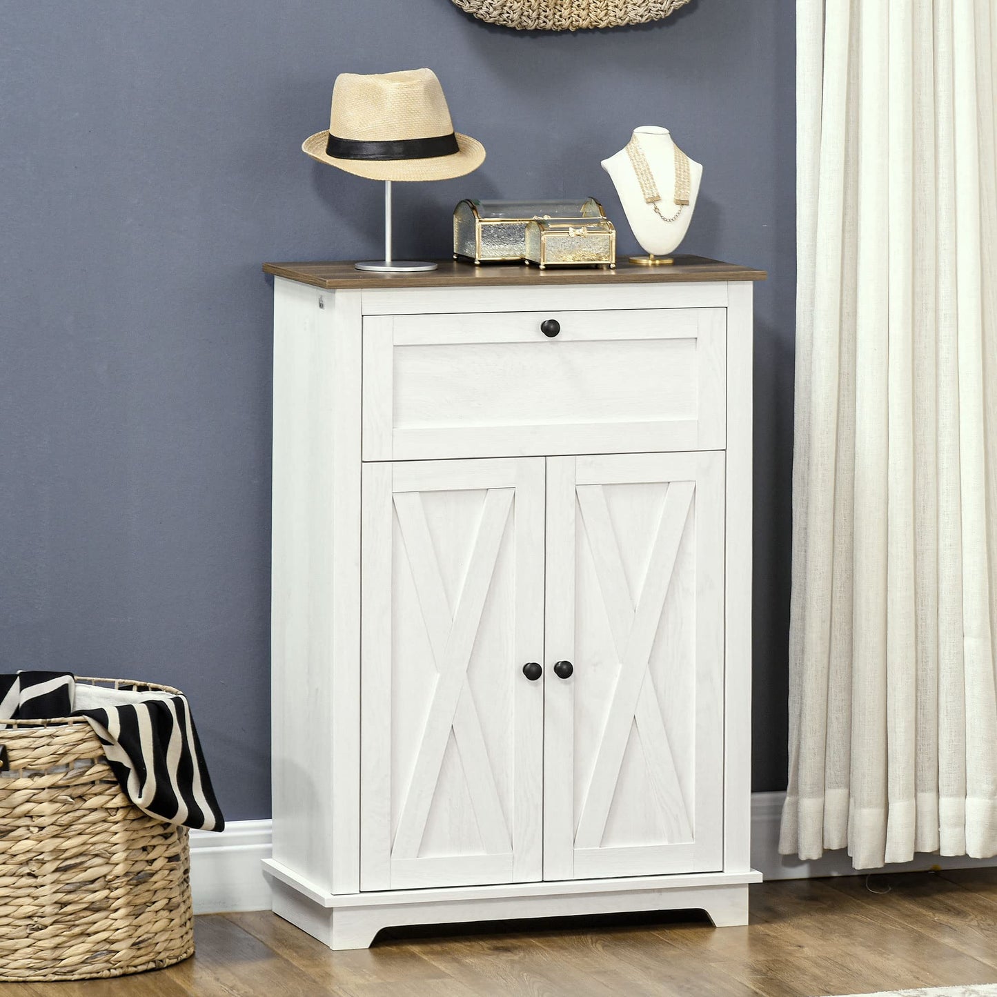 HOMCOM Farmhouse Barn Door Accent Cabinet, Kitchen Sideboard Storage Cabinet with Double Doors, Drawer, and Adjustable Shelf for Bedroom, Living Room, White - WoodArtSupply