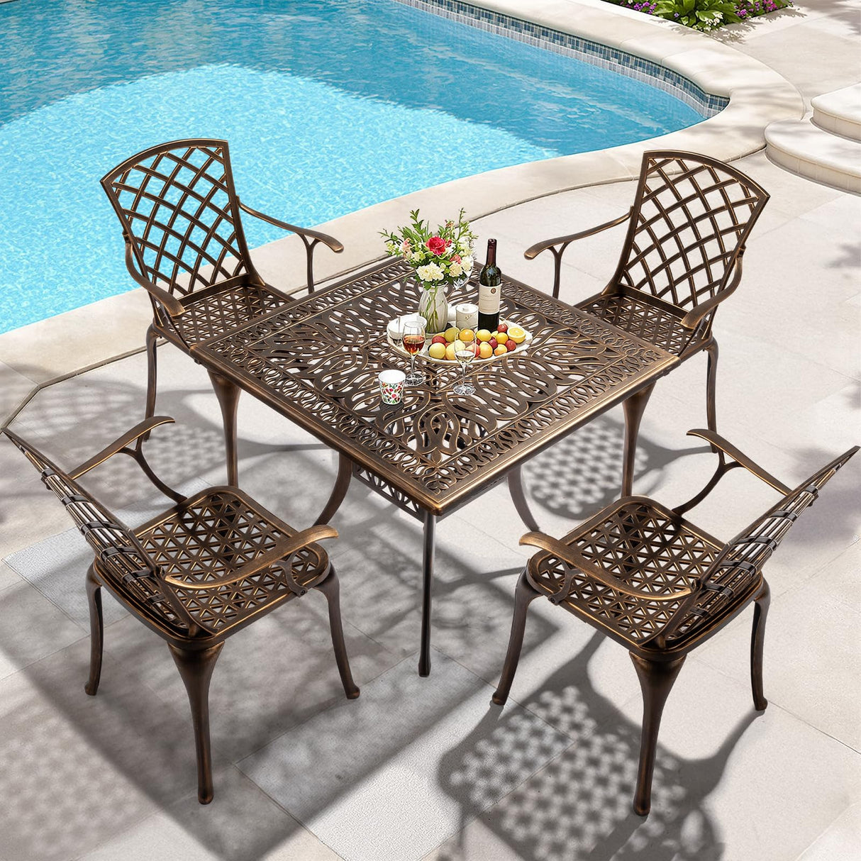 VINGLI 5 Pieces Outdoor Patio Dining Set, Cast Aluminium Patio Furniture Set with 4 Chairs and 1 Umbrella Table for Yard, Garden, Porch and Poolside, Bronze (Square Table) VINGLI