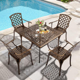 VINGLI 5 Pieces Outdoor Patio Dining Set, Cast Aluminium Patio Furniture Set with 4 Chairs and 1 Umbrella Table for Yard, Garden, Porch and Poolside, Bronze (Square Table) VINGLI
