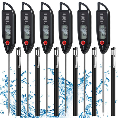 Copkim 6 Set Waterproof Food Thermometer for Water, Liquid, Candle and Cooking Digital Meat Thermometer with Long Probe Instant Read for Kitchen BBQ Grill Candy (Black) Copkim