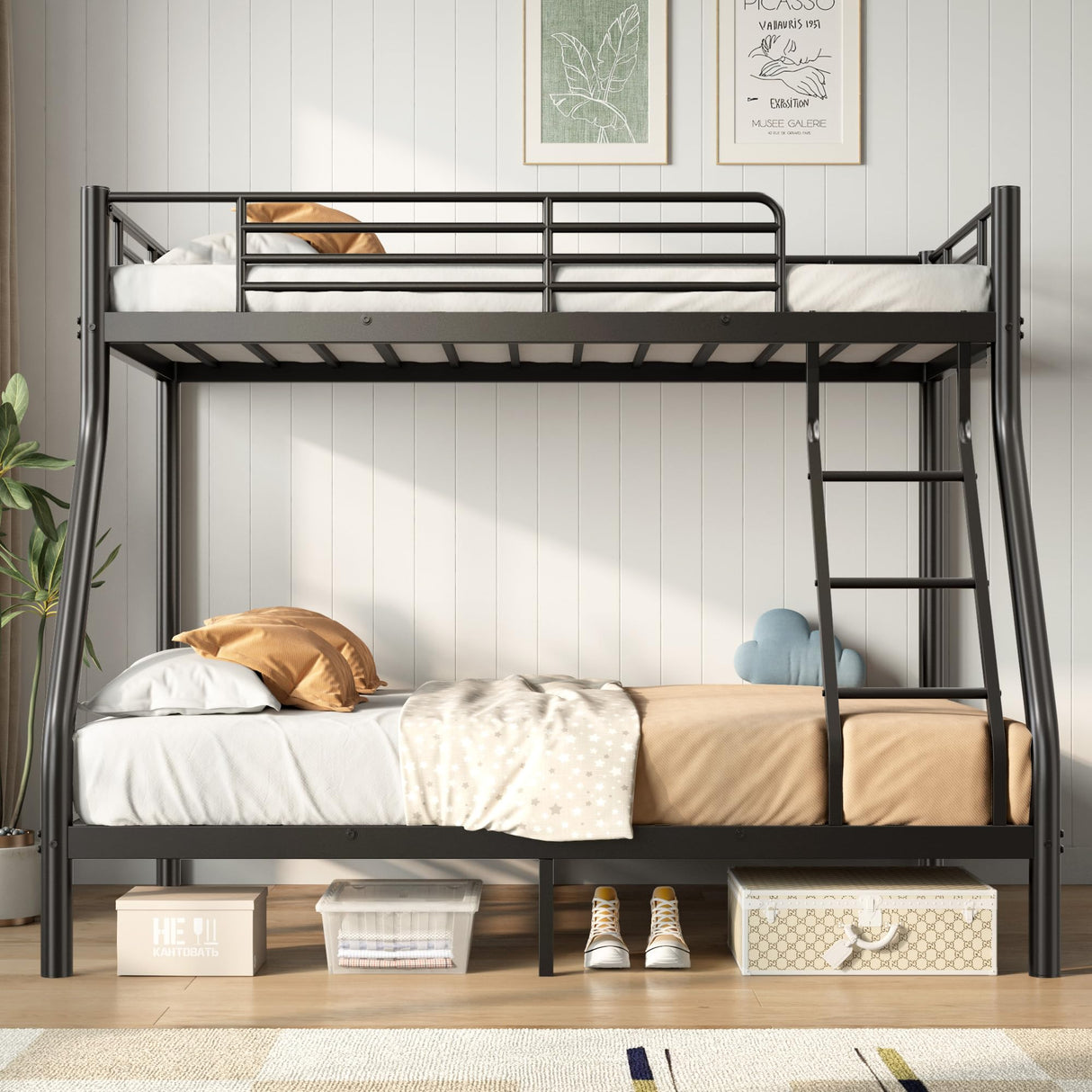 SDHYL Bunk Beds Twin Over Full Size, Heavy Duty Metal Bunk Bed Frame with Ladder & Guardrail, for Teens Adults, Space-Saving & No Box Spring Needed, Black SDHYL