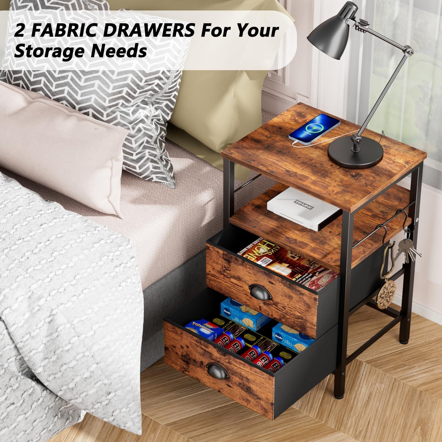 Furologee End Table with Charging Station, Nightstand with Fabric Drawers, Side Table with USB Ports & Outlets, Night Stand with Storage Shelf & Hooks, for Living Room/Bedroom, Rustic Brown - WoodArtSupply