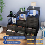 HPWLYO 9 Drawer Dresser with LED Light, Tall Fabric Drawers Dresser for Bedroom with Power Outlets, Dressers & Chests of Drawers with 3 Shelves for Bedroom HPWLYO