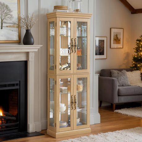 CKEASEAN Curio Cabinet 71" Lighted Glass Display Case, Wooden Wine Bar Cabinet with 6 Adjustable Shelves, Tempered Glass Doors, Light Bulb Included, Rack for Living Room Liquor Storage (Light Oak) CKEASEAN