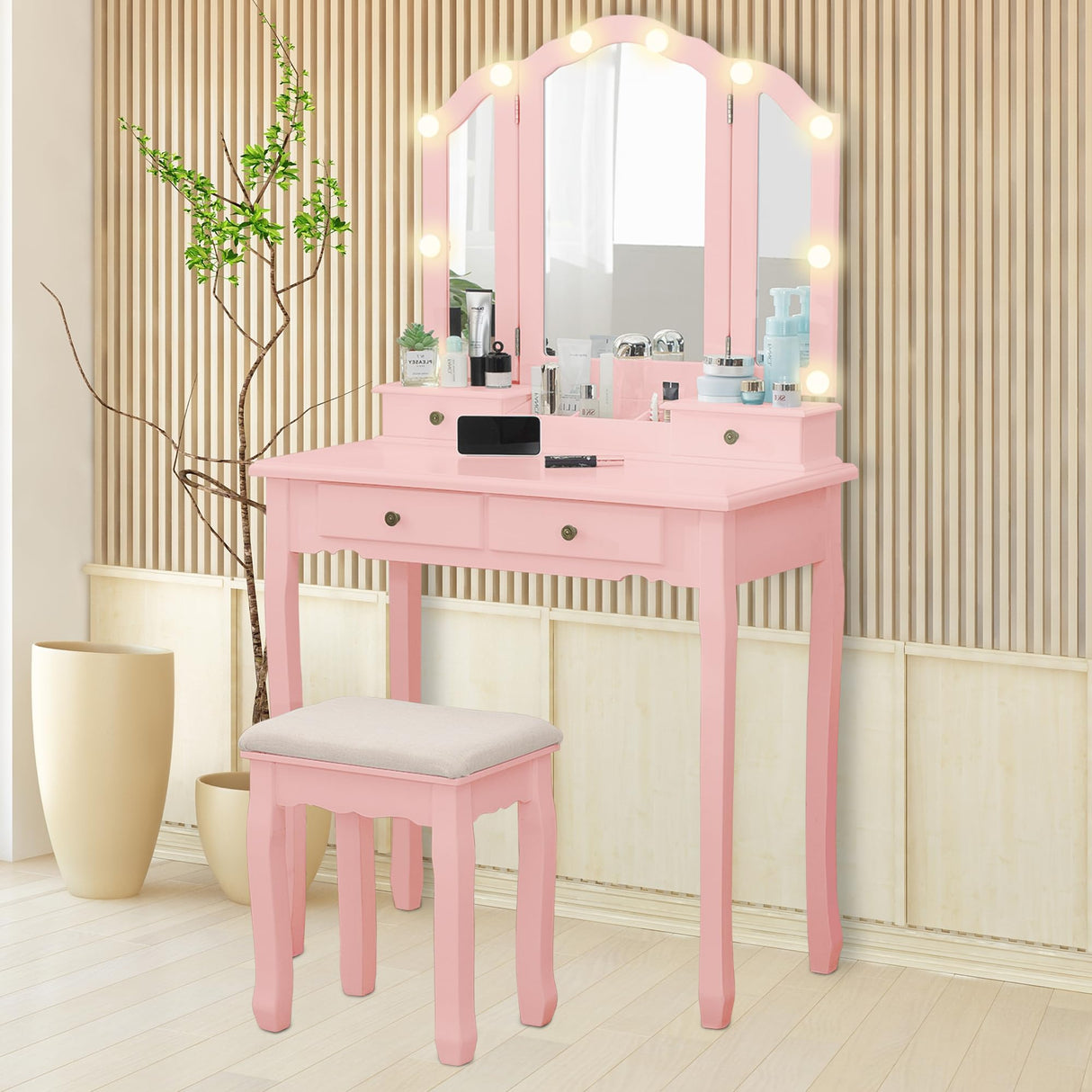 LilyFantasy Vanity Table, Makeup Vanity Table with Lighted Mirror, Vanity Set with Padded Stool, Tri-Fold Bedroom Vanity, 4 Drawers, 2 Open Compartments, Pink Finish LilyFantasy