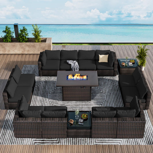 15 Pieces Patio Furniture Set with Fire Pit Table Wicker Outdoor Furniture Set PE Rattan Outdoor Conversation Sofa Set, Sectional Couch with All-Weather No-Slip Cushions and Waterproof Covers Black