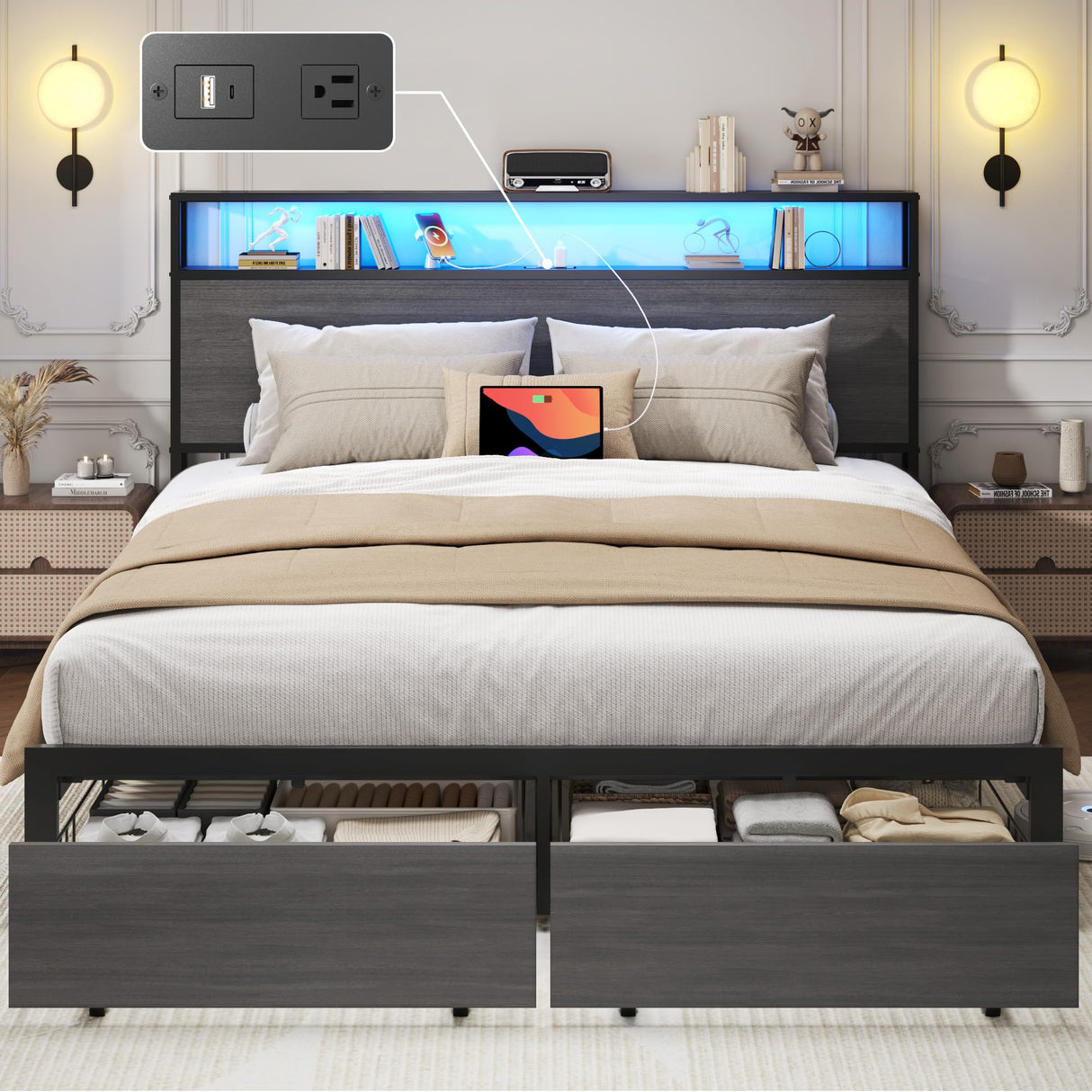 Lifezone Queen Bed Frame with 2-Tier Storage Headboard, Metal Bed Frame with Storage Drawers & Built-in Charging Station & LED, Noise-Free, No Box Spring Needed, Easy Assembly, Rustic Grey Lifezone